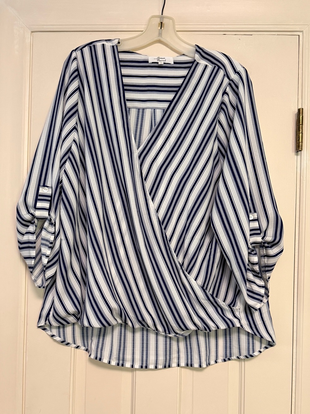 Beacon Apparel Blue White Striped Surplice Blouse Roll Tab Sleeve Size XL